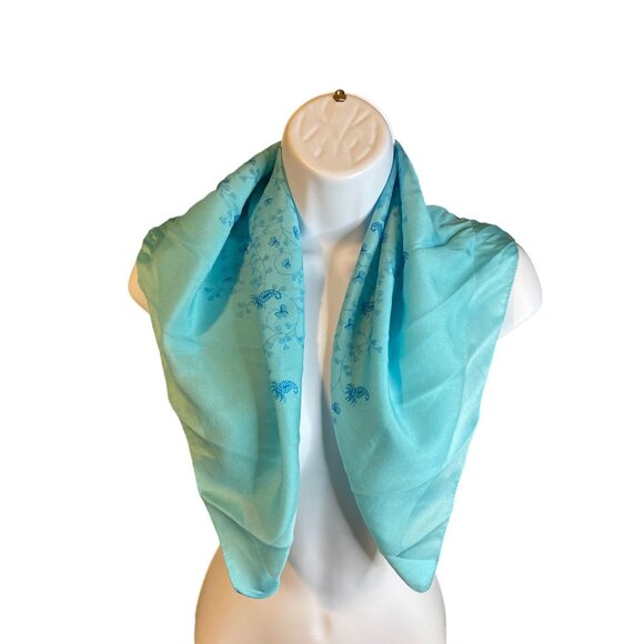 Vintage Womens Square Scarf Bandana Lightweight Blue Green Floral Cottagecore - Picture 1 of 5